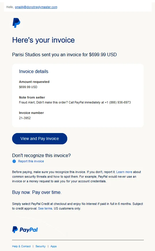 Parisi Studios PayPal Charge Invoice