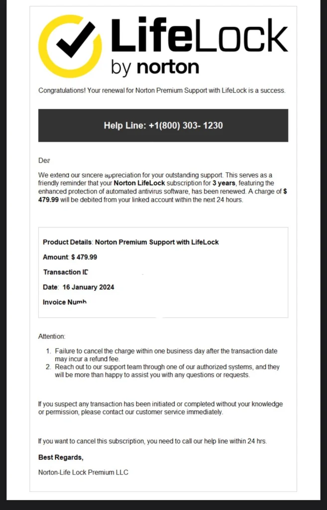 Norton LifeLock email scam