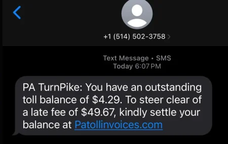 PA Toll Invoice Text Message